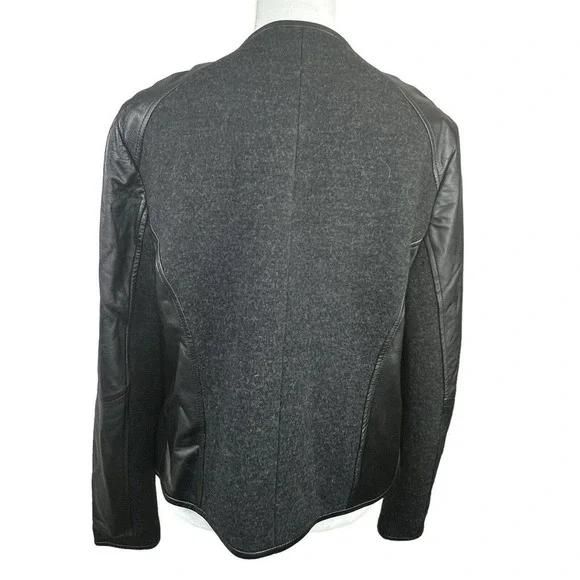 Eileen Fisher Black Leather Wool Zip Up Jacket Size M Moto